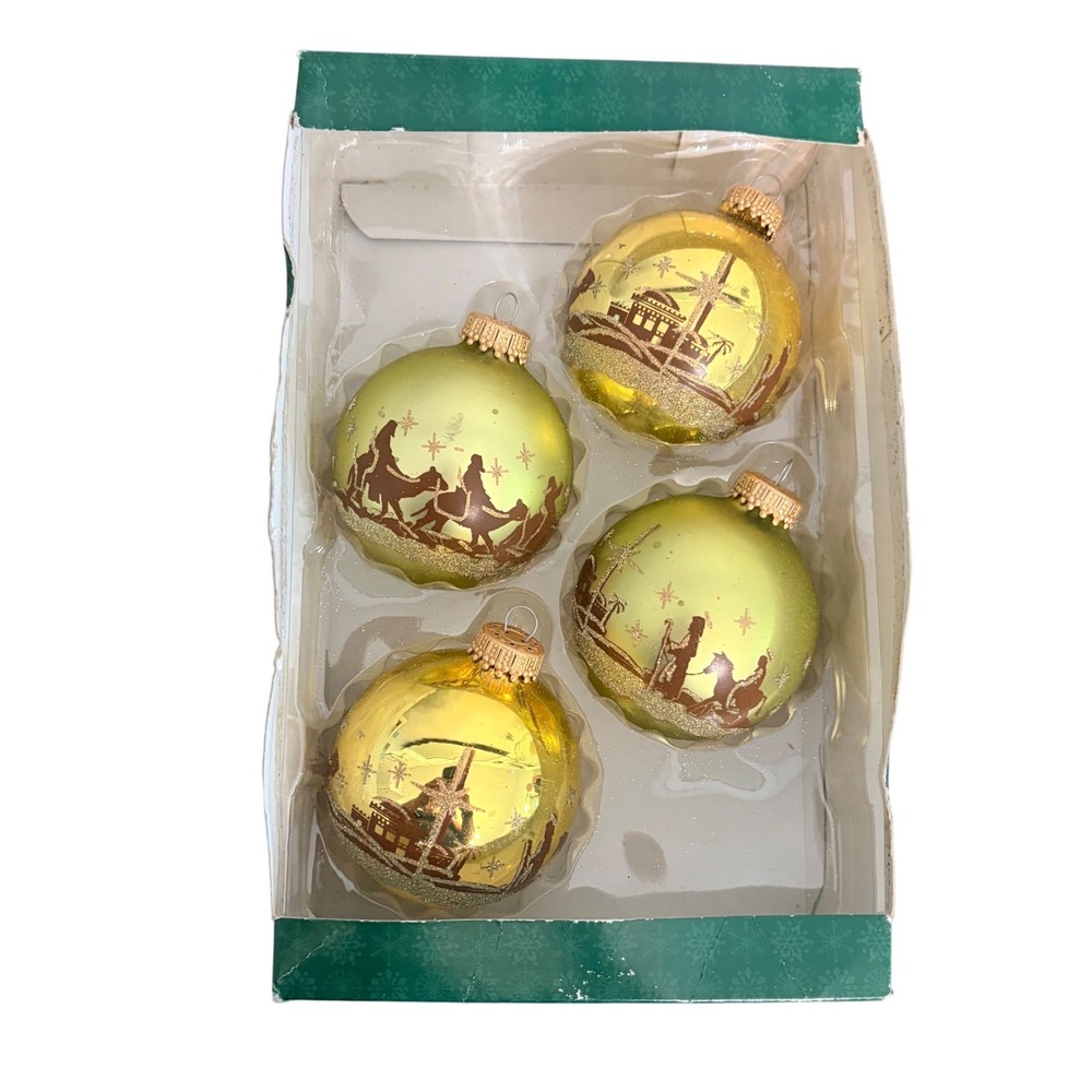 Holiday Time Gold Glass Nativity Christmas Ornaments 4 Count Made in USA